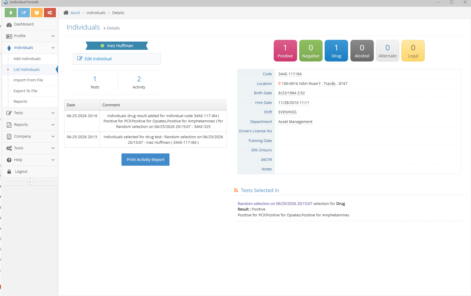 Actual DTSMS Desktop individual details screen with testing activity and results from demo data