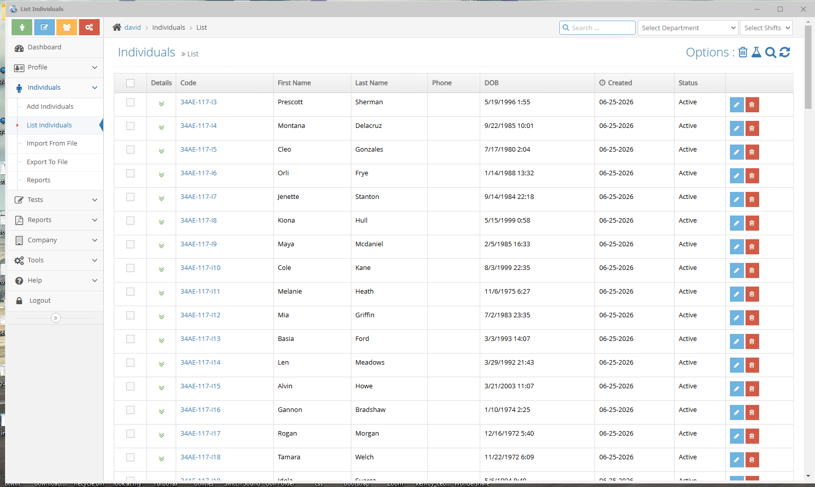 DTSMS Desktop Individuals Management showing demo records
