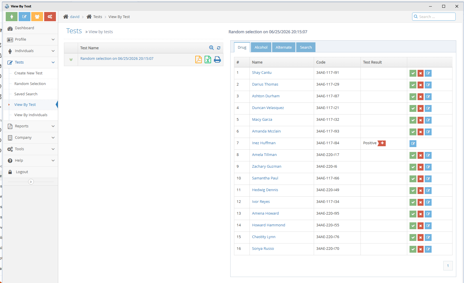 Actual DTSMS Desktop View by Test screen showing a random selection and selected individuals using demo data